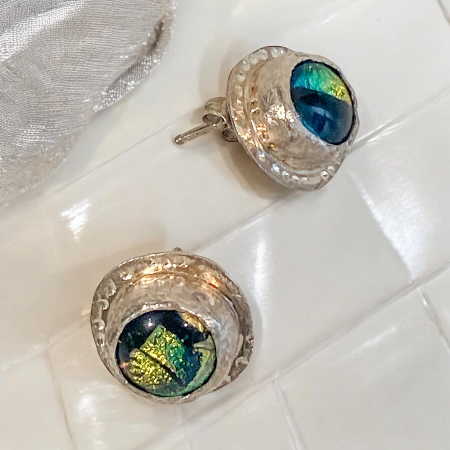Etheral Eye -Sterling silver/Dichroic Glass Earring studs