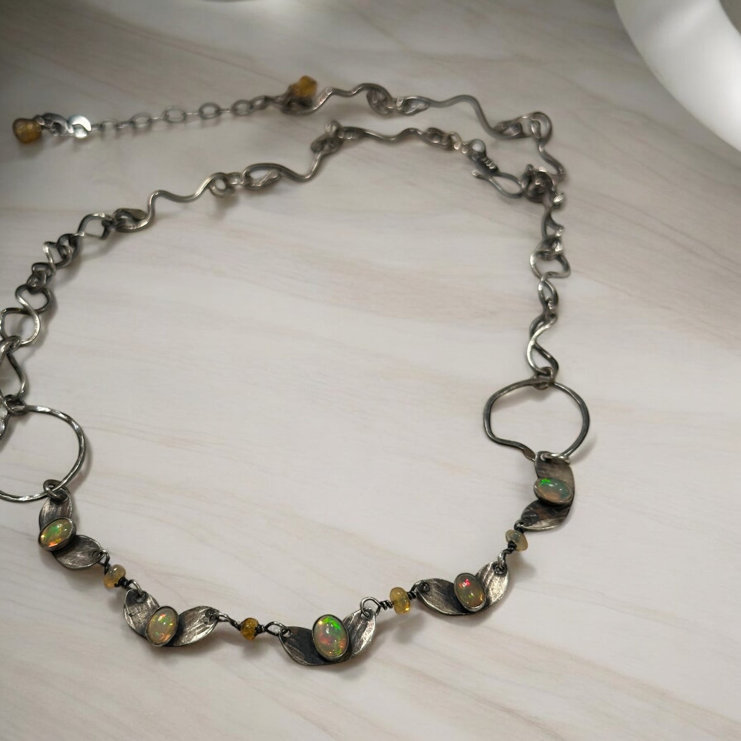 Butterfly Reflections- Oxdized Sterling Silver and Opal Necklace Hand Wrought Necklace