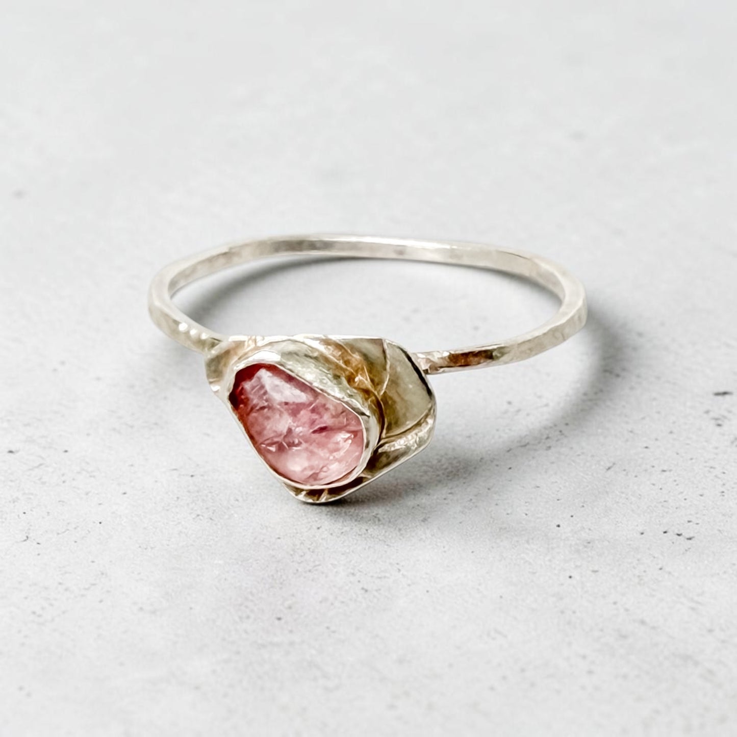 Sterling silver Paloma stack ring with pink tourmaline gemstone, size 8.75, by Aprilierre, featuring a delicate band with pink stone.