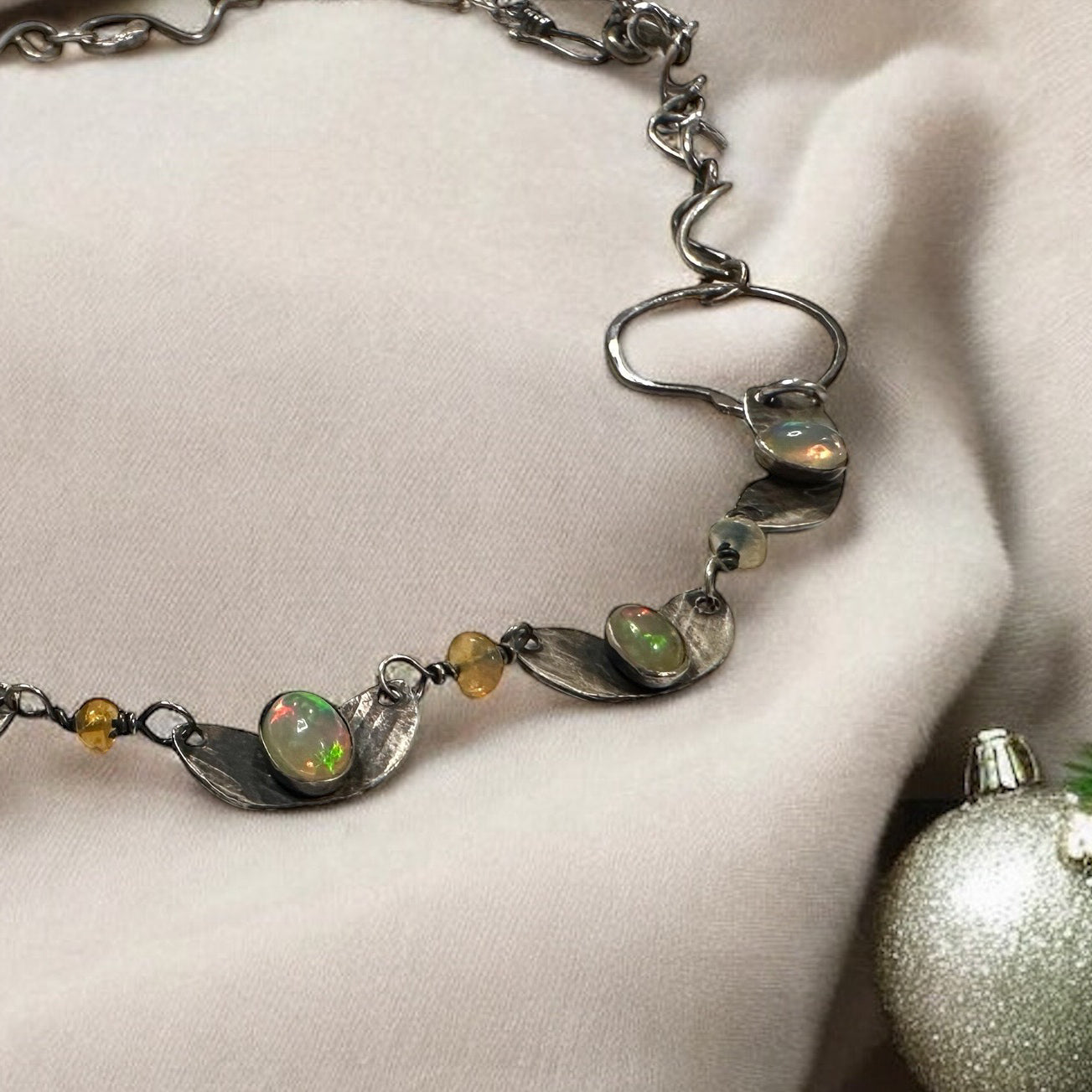 Butterfly Reflections- Oxdized Sterling Silver and Opal Necklace Hand Wrought Necklace