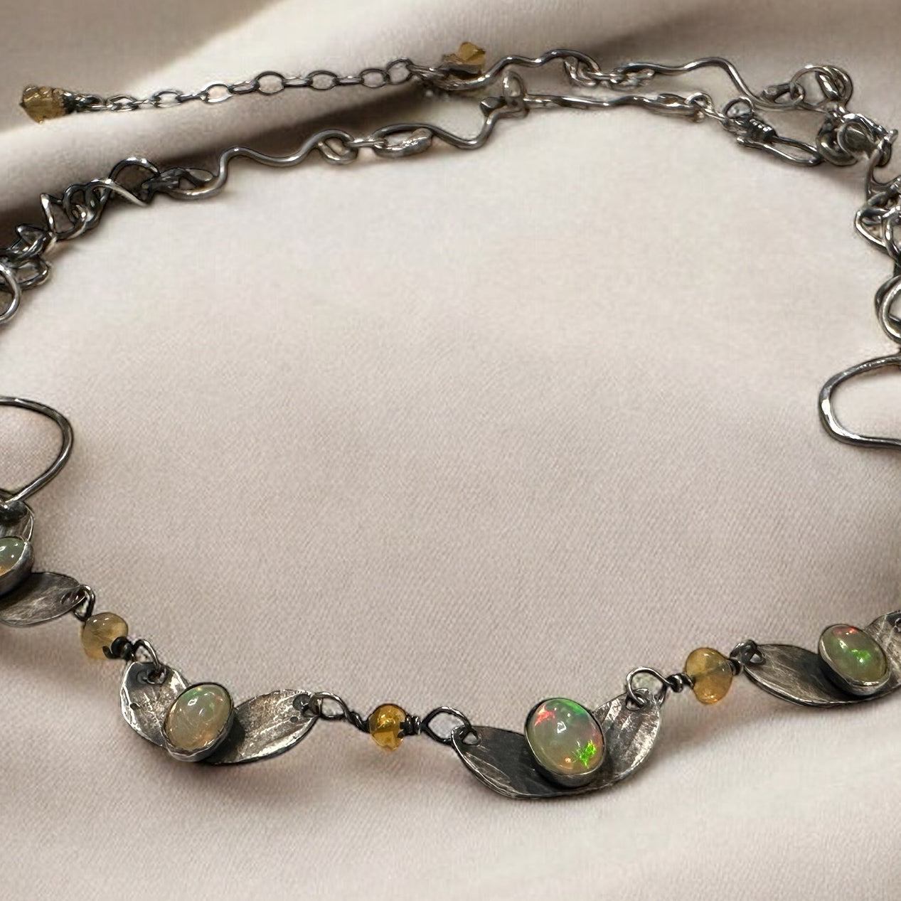 Butterfly Reflections- Oxdized Sterling Silver and Opal Necklace Hand Wrought Necklace