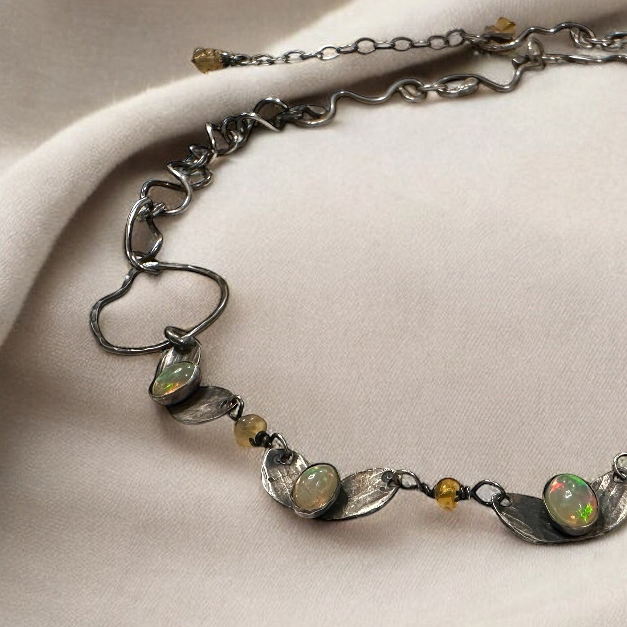 Butterfly Reflections- Oxdized Sterling Silver and Opal Necklace Hand Wrought Necklace