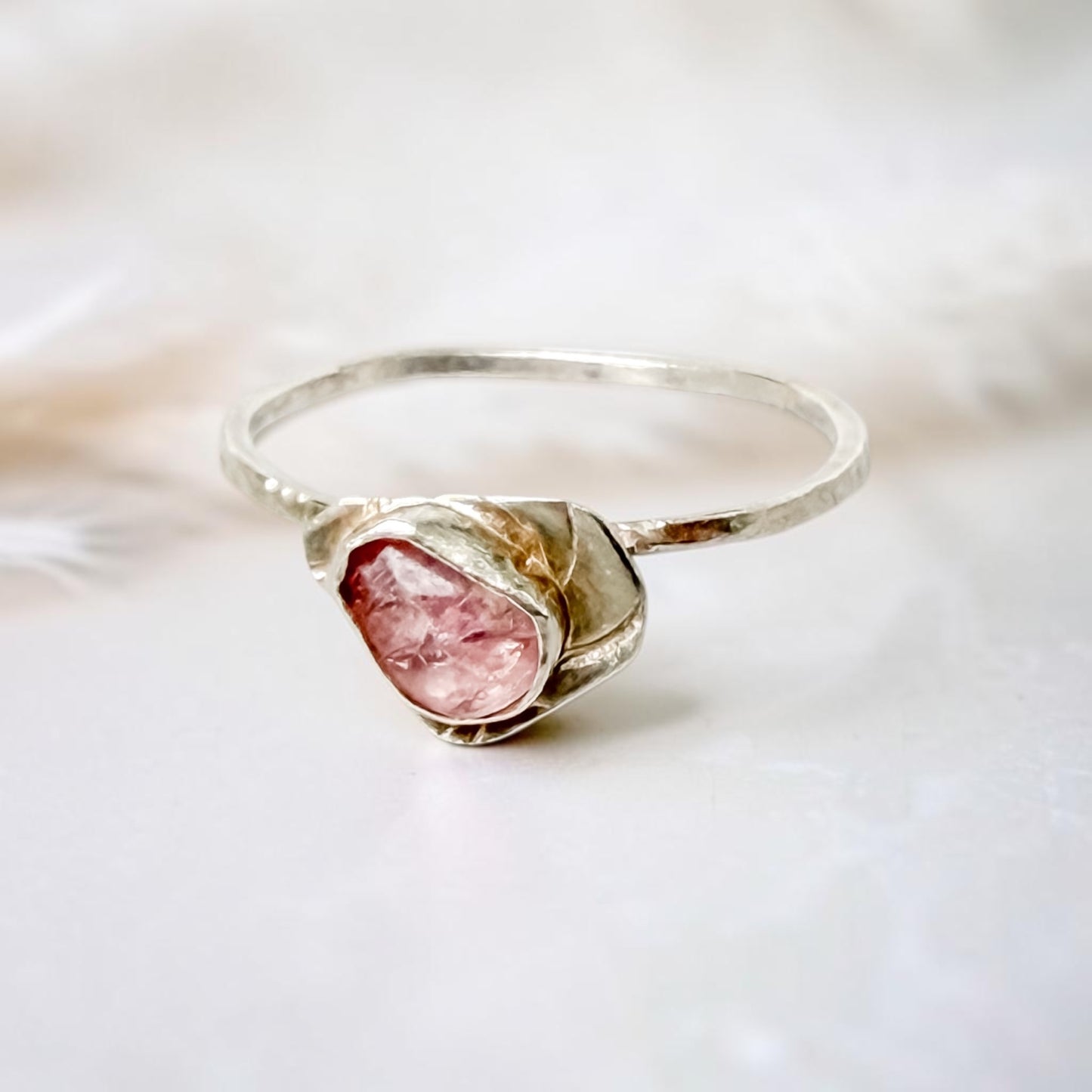 Sterling silver Paloma stack ring featuring pink tourmaline, size 8.75, by Aprilierre, showcasing the detailed gemstone and band design.