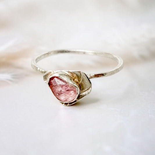 Sterling silver Paloma stack ring featuring pink tourmaline, size 8.75, by Aprilierre, showcasing the detailed gemstone and band design.