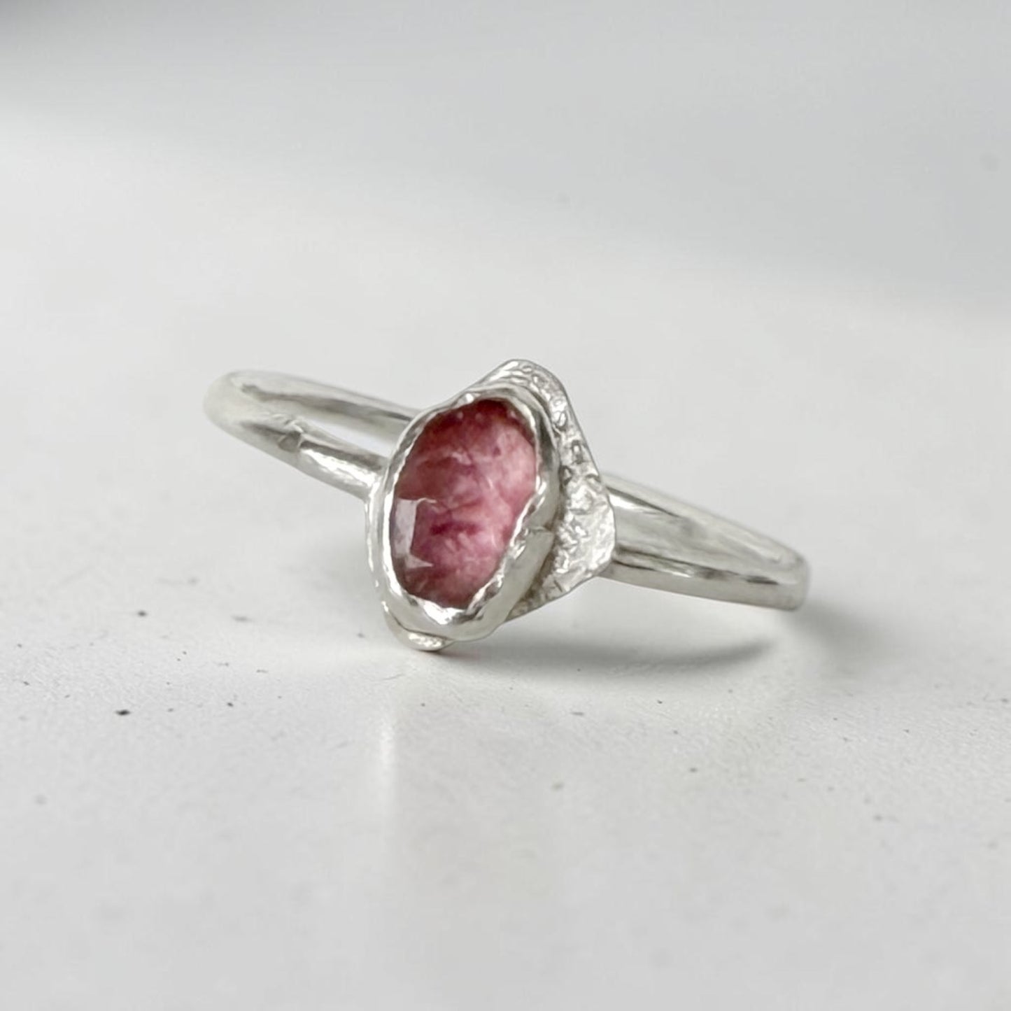 Pink parfait sterling silver ring with tourmaline gemstone, size 6.75, featuring a delicate band and vibrant pink color.