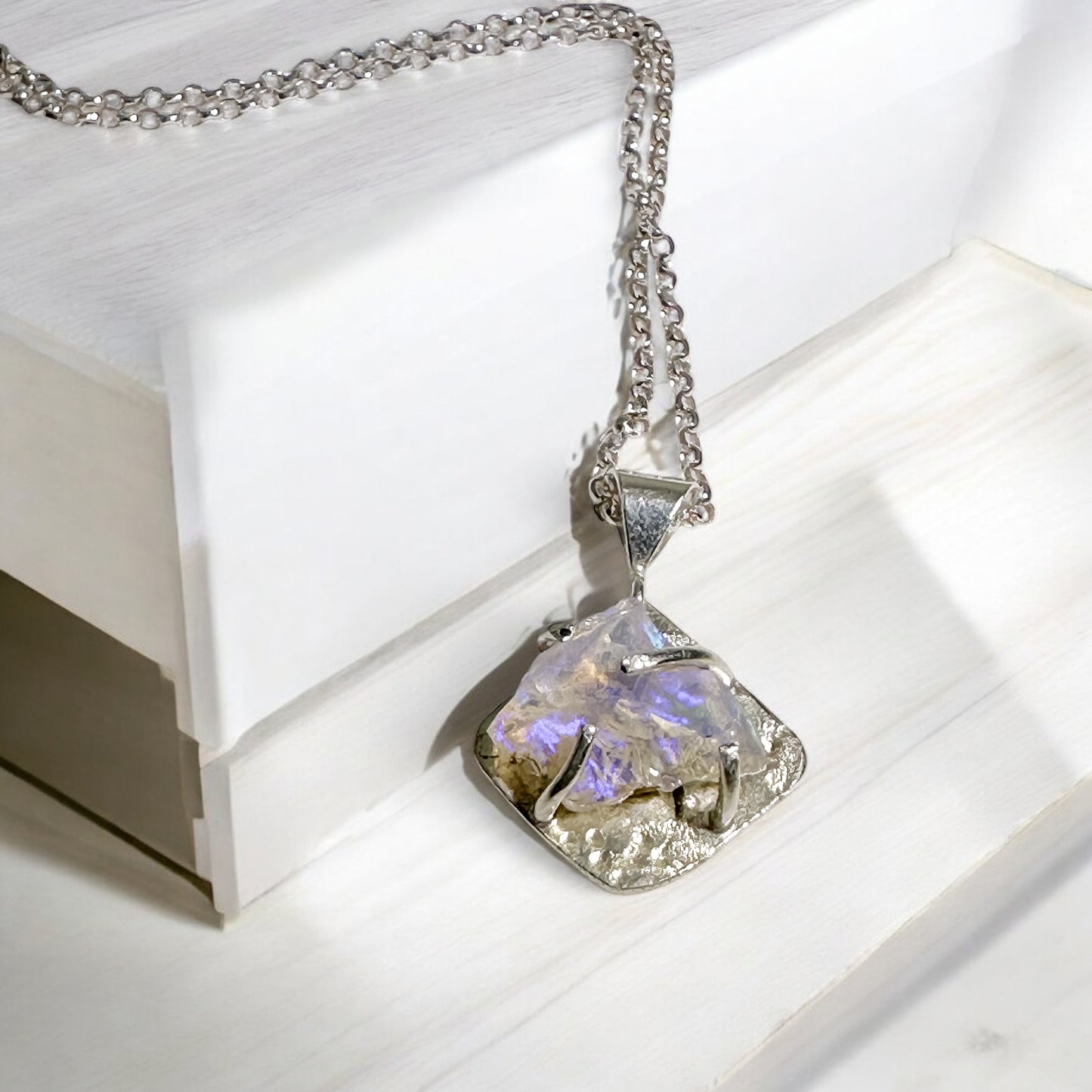 A Starlit Reverie-Sterling Silver Raw Opal Pendant Necklace