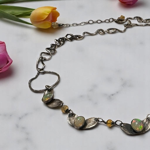 Butterfly Reflections- Oxdized Sterling Silver and Opal Necklace Hand Wrought Necklace