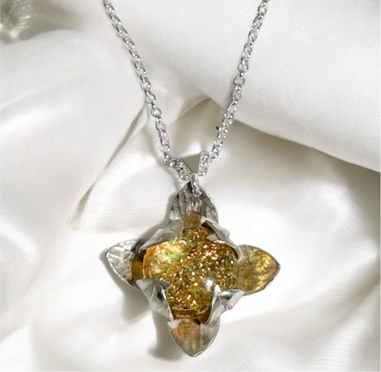 Golden Starflower-Sterling Silver Gold Dichroic Glass Pendant