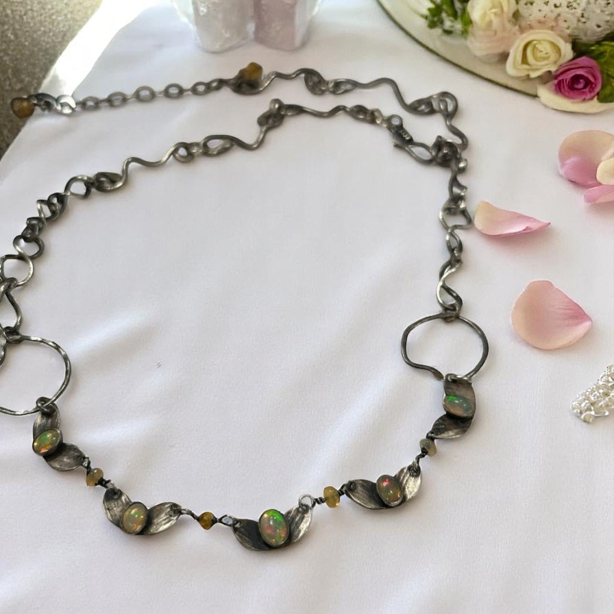 Butterfly Reflections- Oxdized Sterling Silver and Opal Necklace Hand Wrought Necklace
