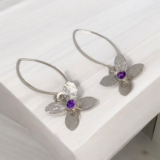 Eloquent Petals ~ Sterling Silver Flower Earring Dangles with Amethyst Gemstones