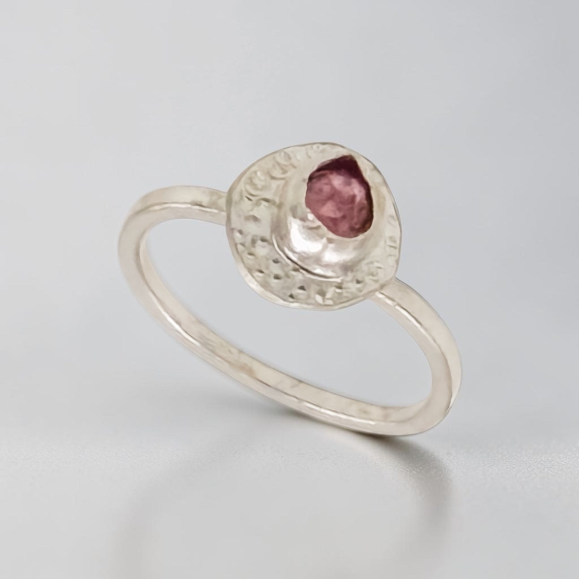 Sterling silver stack ring with pink tourmaline stones, inspired by strawberries and cream, size 7, by Aprilierre