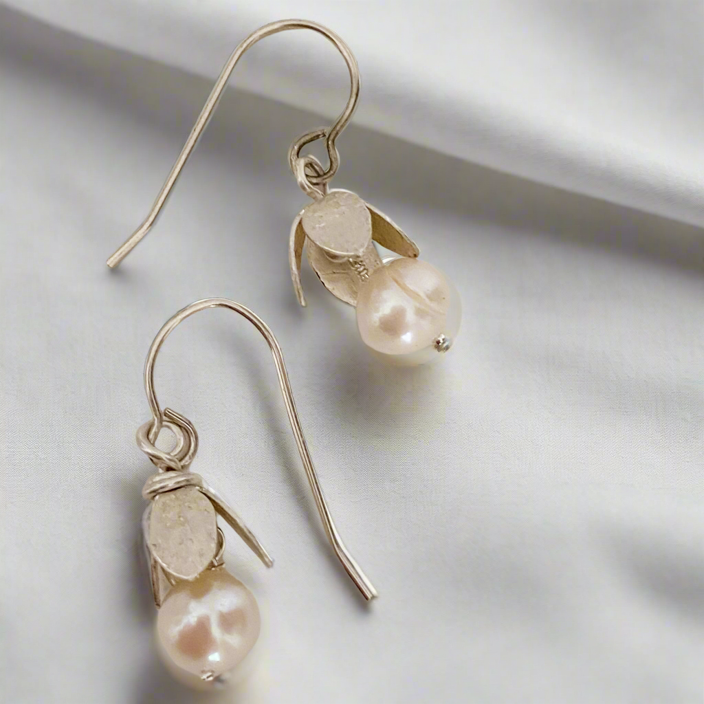 Little Seedlings- Sterling Silver forged buds with pearl drops