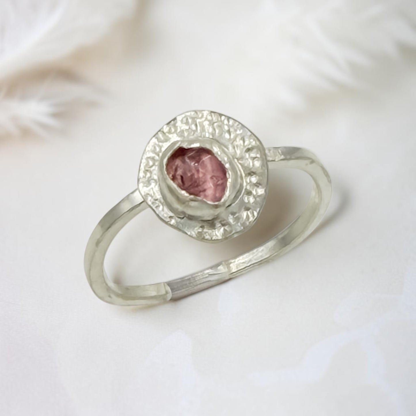 Sterling silver stack ring with pink tourmaline stones, inspired by strawberries and cream, size 7, by Aprilierre.