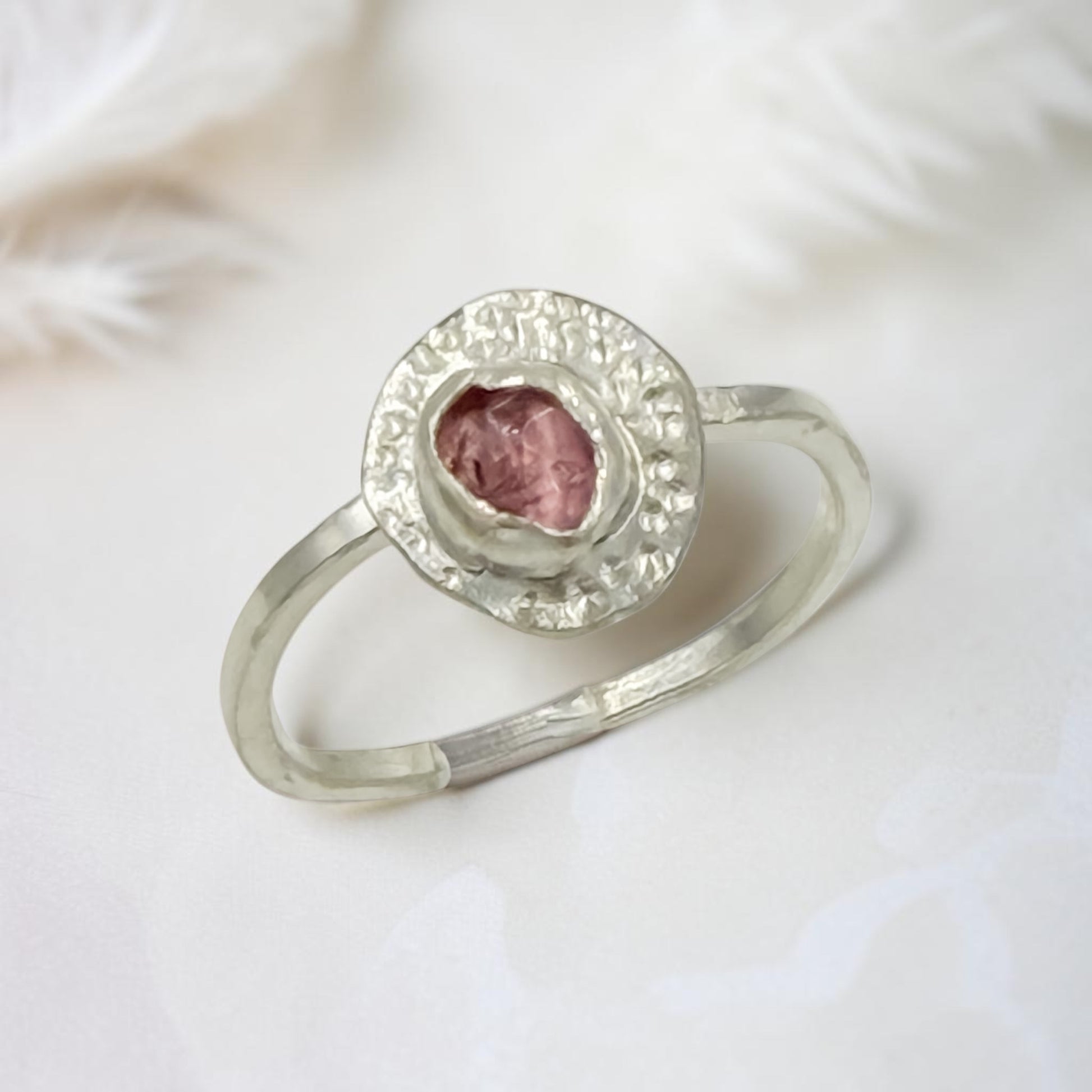 Sterling silver stack ring with pink tourmaline stones, inspired by strawberries and cream, size 7, by Aprilierre.
