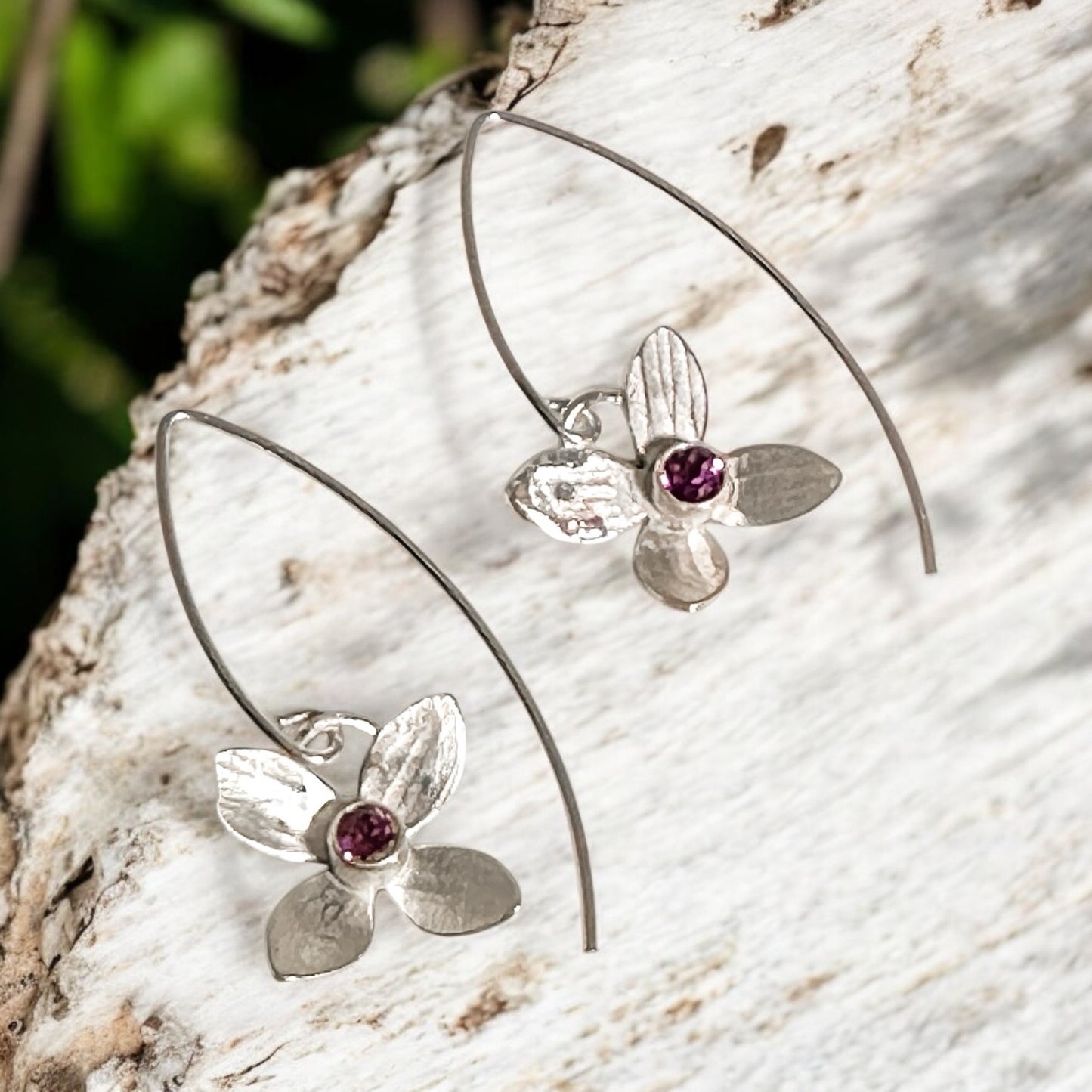 Eloquent Petals – Sterling Silver Earrings with Rhodolite Garnet