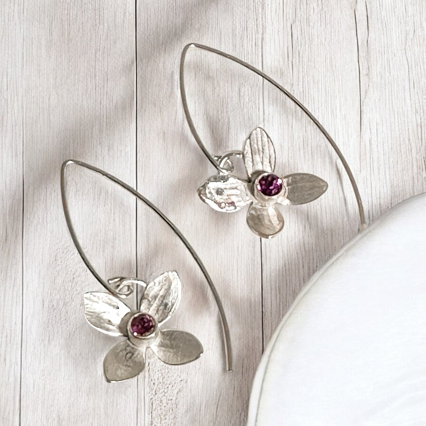 Eloquent Petals – Sterling Silver Earrings with Rhodolite Garnet