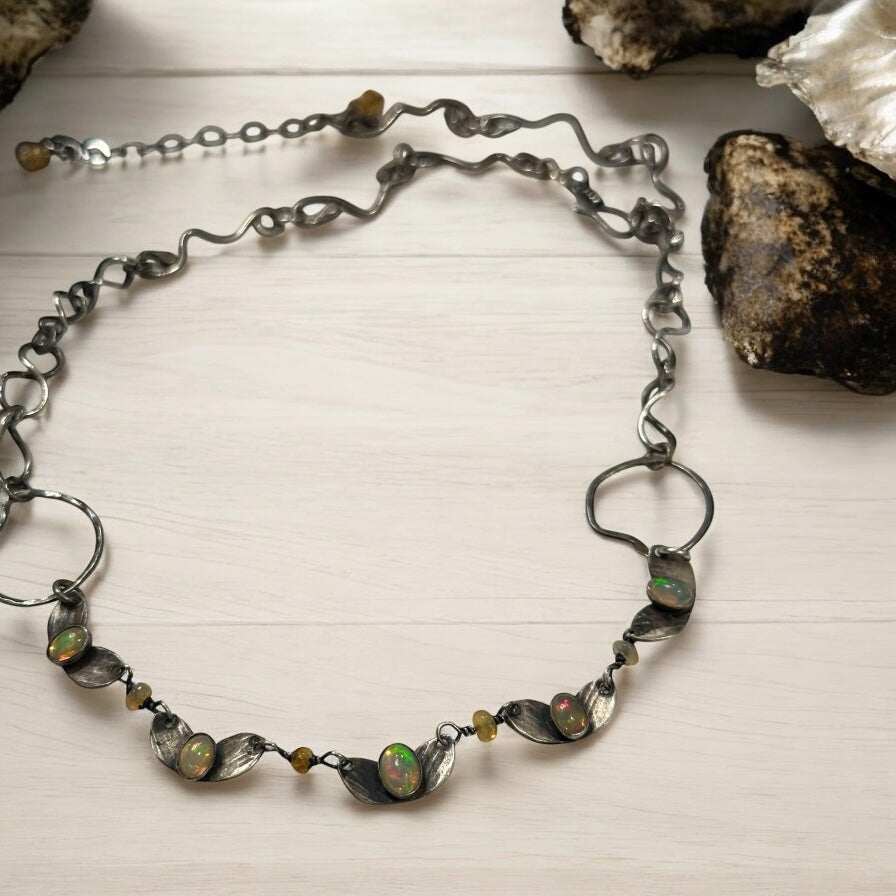 Butterfly Reflections- Oxdized Sterling Silver and Opal Necklace Hand Wrought Necklace