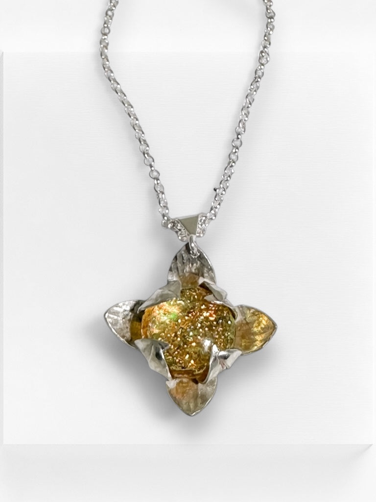 Golden Starflower-Sterling Silver Gold Dichroic Glass Pendant