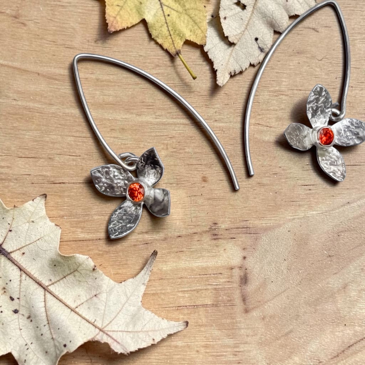 Eloquent Petals – Sterling Silver Earrings with Sunset-Orange CZ