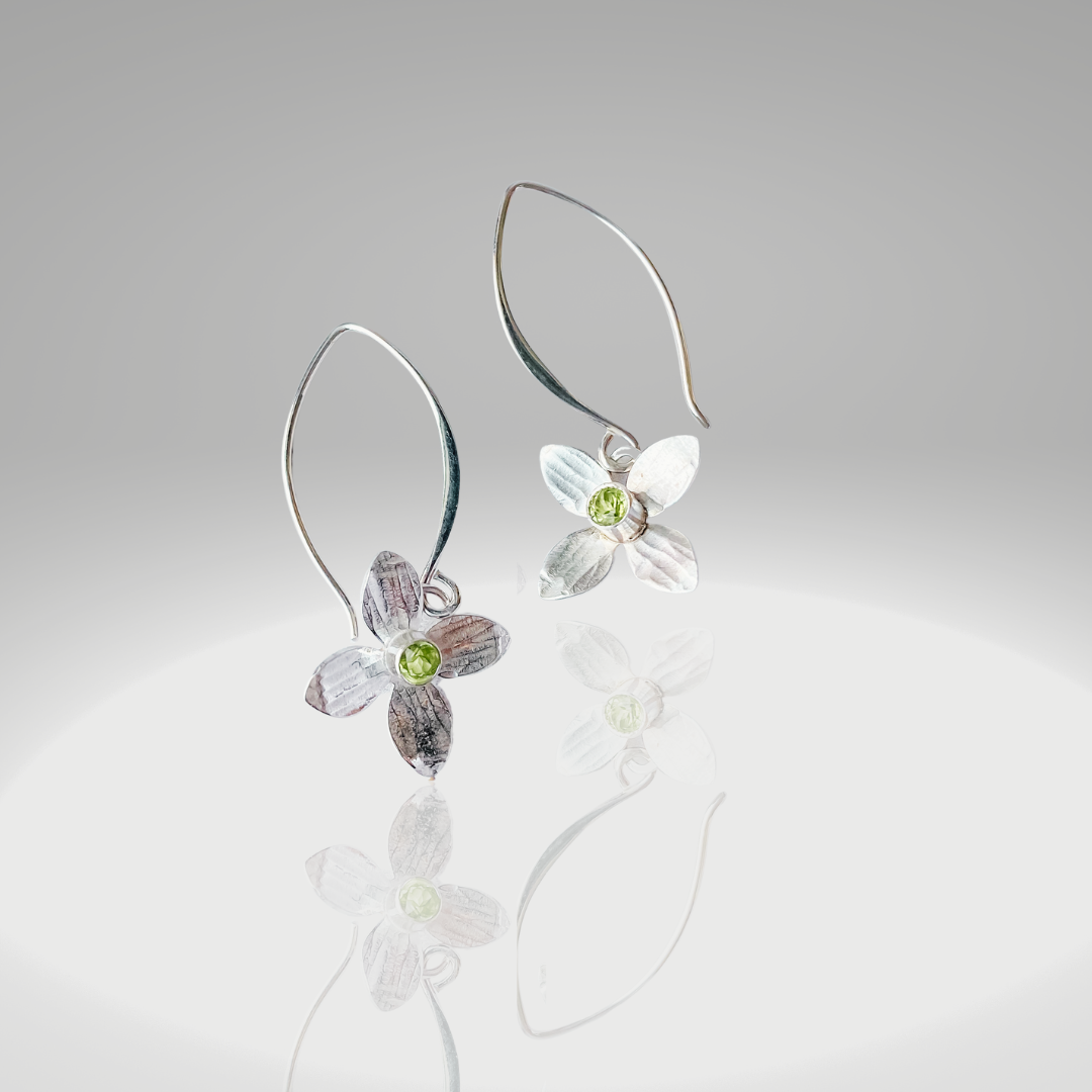 Eloquent Petals~ Sterling Silver Flower Earring Dangles with Peridot Gemstone - Aprilierre