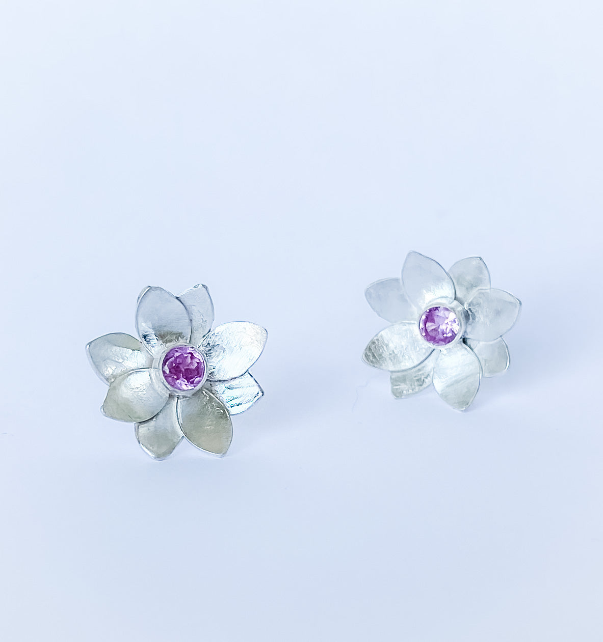 Little Lotus~Sterling Silver Pink Tourmaline Flower Studs - Aprilierre