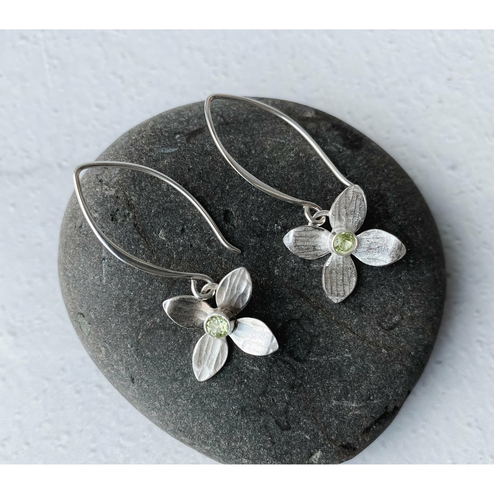 Eloquent Petals~ Sterling Silver Flower Earring Dangles with Peridot Gemstone - Aprilierre