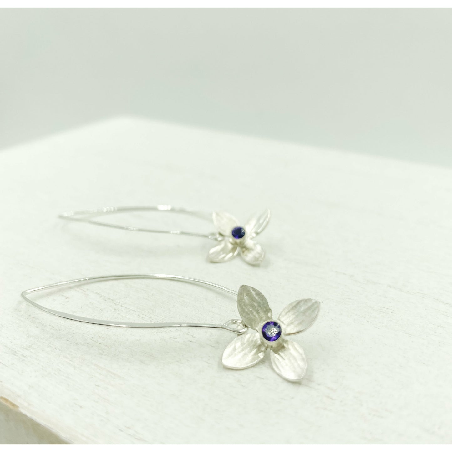 Eloquent Petals ~ Sterling Silver Flower Earring Dangles with Amethyst Gemstones - Aprilierre